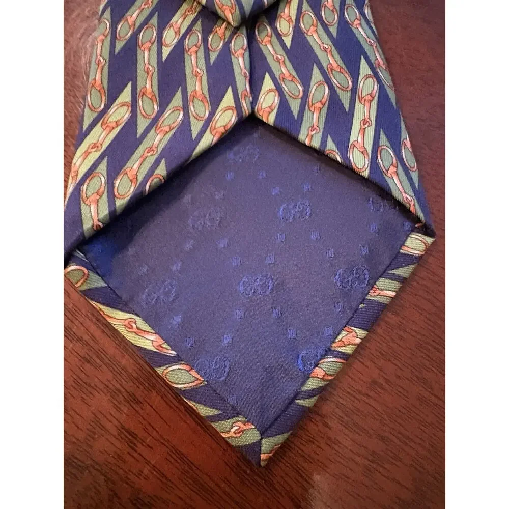 Gucci Silk Horsebit Equestrian Tie Navy Green Orange Made in Italy Luxury NWOT